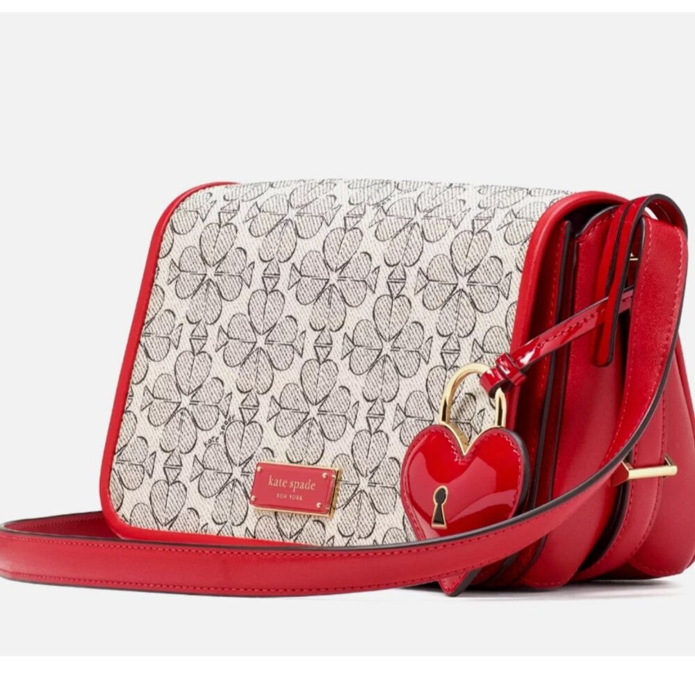 New Kate Spade Liv Spade Flower Coated Canvas Small Flap Crossbody Cherry Rose